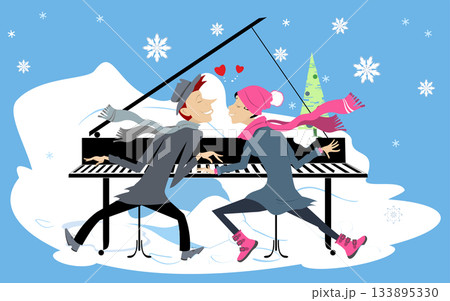 Winter concert. Man and woman play piano by four hands. Winter. Snow. Love couple. Man and woman play piano by four hands and kissing Winter concert. Man and woman play piano by four hands. Winter. Snow. Love couple. Man and woman play piano by four hands and kissing 133895330
