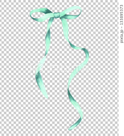 Turquoise bow. Watercolor and marker illustration. Hand drawn isolated art. Blue satin or silk ribbon for wedding, birthday, Christmas, and New Year's bouquets. Gift knot. 133895373