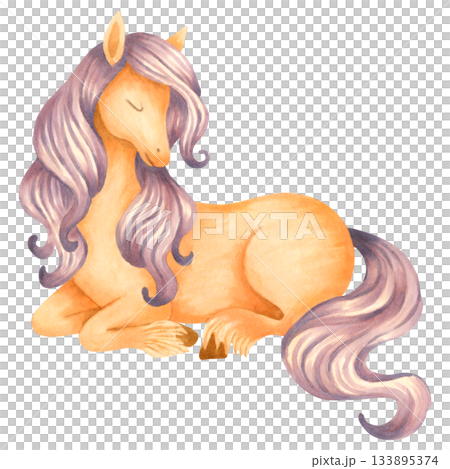 Watercolor illustration of a cute fantasy horse. Pastel fairytale creature for children. Hand drawn isolated art. Pony for a nursery. Unicorn for baby shower greeting cards or childrens birthday. 133895374