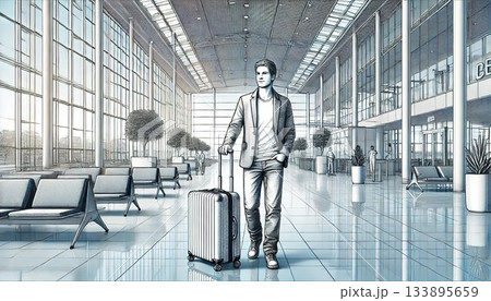 広々としたモダンなホールでスーツケースを持つ男性 広々としたモダンなホールでスーツケースを持つ男性 133895659