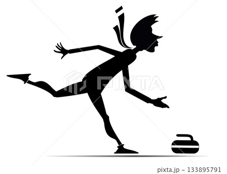 Curling sport. Young man plays curling.  Winter sport. Man pushes a stone towards a target. Black on white illustration 133895791