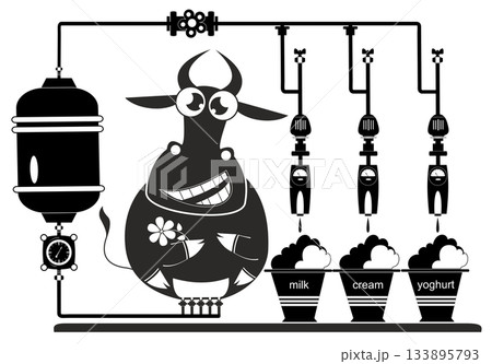 Funny dairy factory. Cow.  Cartoon cow being milked by machine and producing milk, cream and yogurt. Black and white illustration 133895793