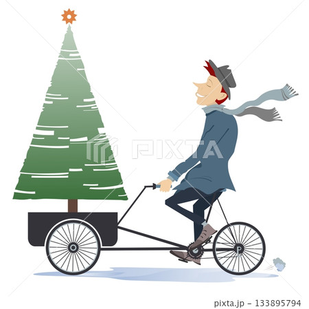 Christmas, New Year day. Man with fir rides bicycle. Smiling male person in warm cloth transports fir on bicycle. Isolated on white background 133895794
