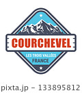 Courchevel ski resort, French Alps emblem with snow-covered mountains, vector 133895812