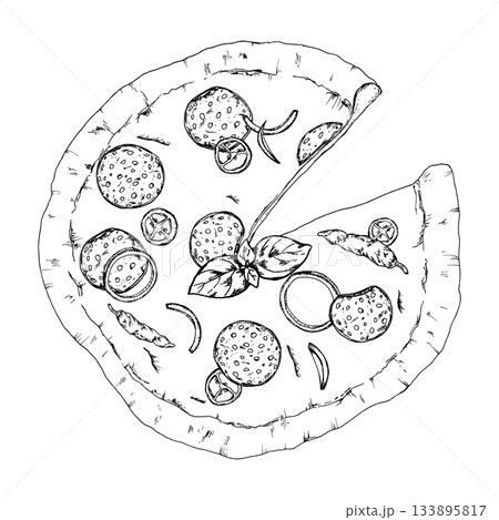 Vector illustration of a pizza topped with salami slices, pepper pieces, basil leaves and onion rings. Detailed line work suits menus, Italian cuisine themes, recipe layouts and food packaging designs Vector illustration of a pizza topped with salami slices, pepper pieces, basil leaves and onion rings. Detailed line work suits menus, Italian cuisine themes, recipe layouts and food packaging designs 133895817