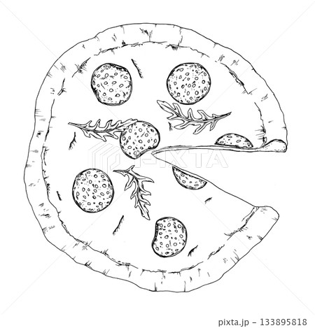 Vector illustration of a pizza topped with salami slices and arugula leaves, shown with one slice removed. Fine line work makes it suitable for menus, packaging, Italian cuisine and recipe graphics Vector illustration of a pizza topped with salami slices and arugula leaves, shown with one slice removed. Fine line work makes it suitable for menus, packaging, Italian cuisine and recipe graphics 133895818