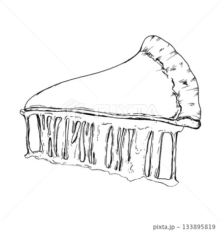 Vector illustration of a pizza slice with melting cheese stretching down in long strands. The line work highlights texture, making it useful for menus, branding, packaging and food-themed graphics 133895819