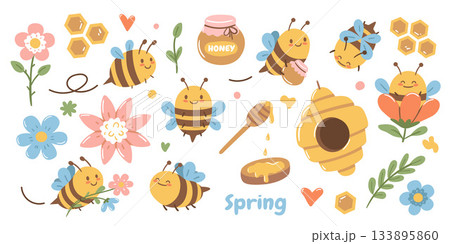Cute cheerful honey bees in different activities flying, gathering nectar, caring for honeycombs, and visiting flowers. A playful kawaii set inspired by beekeeping, featuring sweet natural honey and 133895860