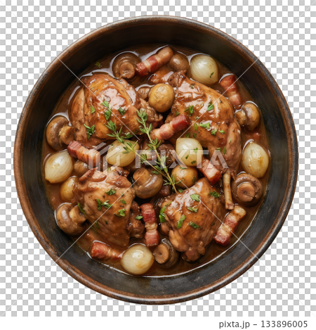 Rich and hearty civet de lapin rabbit stew with red wine, mushroom, onion and bacon in rustic, savory dish 133896005