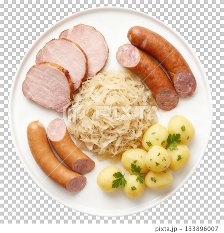 Hearty Choucroute Garnie Alsatian dish with sauerkraut, smoked pork, sausage, and potato, savory traditional meal Hearty Choucroute Garnie Alsatian dish with sauerkraut, smoked pork, sausage, and potato, savory traditional meal 133896007