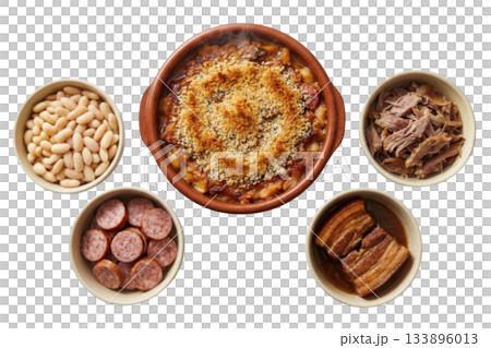 Hearty cassoulet, slow cooked casserole with white bean, duck confit, sausage and pork belly. Delicious rustic meal Hearty cassoulet, slow cooked casserole with white bean, duck confit, sausage and pork belly. Delicious rustic meal 133896013