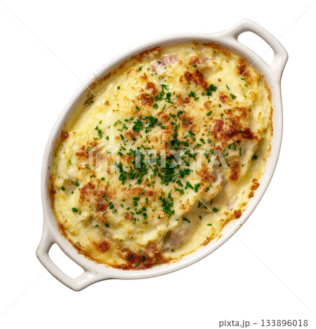 Savory Brandade Parmentier, delicious brandade de morue casserole with creamy mashed potato. warm comfort food Savory Brandade Parmentier, delicious brandade de morue casserole with creamy mashed potato. warm comfort food 133896018