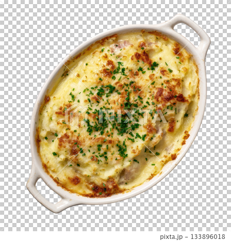 Savory Brandade Parmentier, delicious brandade de morue casserole with creamy mashed potato. warm comfort food Savory Brandade Parmentier, delicious brandade de morue casserole with creamy mashed potato. warm comfort food 133896018