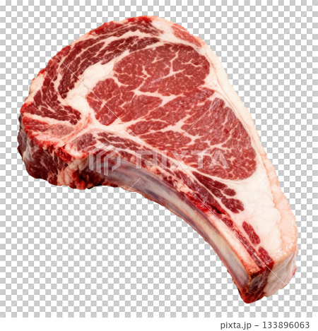 Raw beef ribeye steak with bone, fresh and uncooked, showing delicious marbling for gourmet meal 133896063