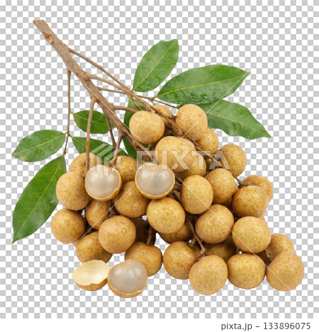 Fresh and sweet longan fruit cluster with green leaf. This ripe tropical fruit promotes healthy and natural feeling 133896075