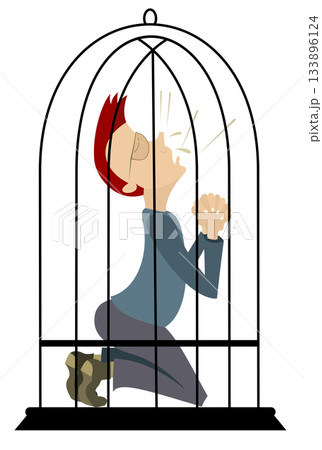Man prays in the kneel inside cage. Kneeling man in cage prays for freedom and mercy Man prays in the kneel inside cage. Kneeling man in cage prays for freedom and mercy 133896124