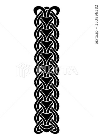Three interlaced chains, a vertebral pattern found on Manx runestones. Composed of 3 distinct sets of linked rings interlaced, with Y-shaped lower part, symbolizing foliage of sacred tree Yggdrasil. 133896382