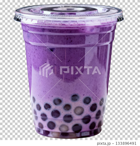 Refreshing purple blueberry boba tea smoothie drink with delicious tapioca pearl on transparency background, closeup 133896491
