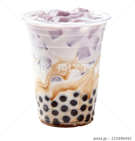 Refreshing sweet taro bubble tea, delicious milk tea boba drink with tapioca pearls for delightful treat 133896492