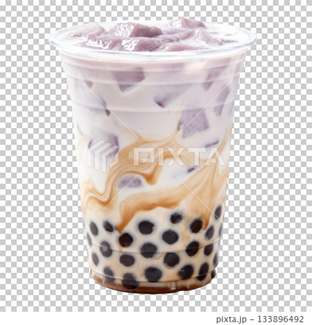 Refreshing sweet taro bubble tea, delicious milk tea boba drink with tapioca pearls for delightful treat 133896492