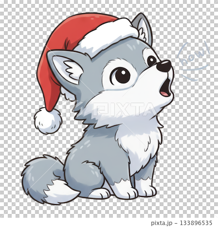 Joyful cute cartoon wolf pup cub howling for christmas. cub wears festive red hat and looks happy Joyful cute cartoon wolf pup cub howling for christmas. cub wears festive red hat and looks happy 133896535