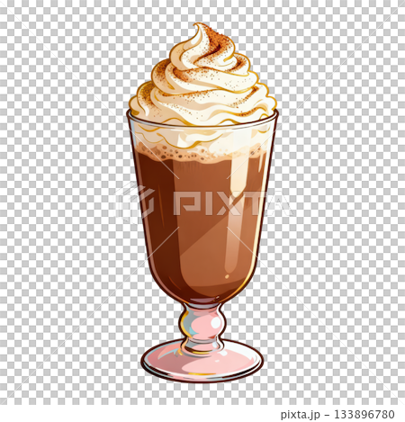 Cozy hot chocolate drink with whipped cream in glass. This sweet dessert illustration feels warm and comforting 133896780