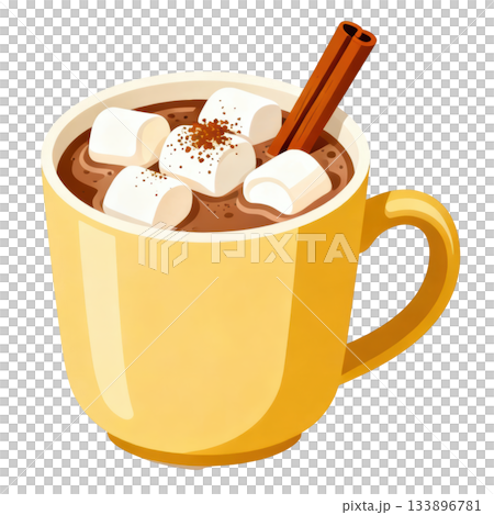 Cozy yellow mug of hot chocolate with marshmallow and cinnamon stick. warm, sweet, comforting winter beverage 133896781