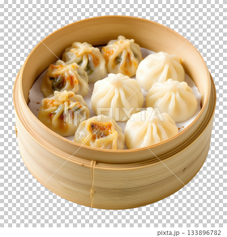 Appetizing Chinese dim sum with delicious dumpling and bun in traditional bamboo steamer. savory Asian food dish 133896782
