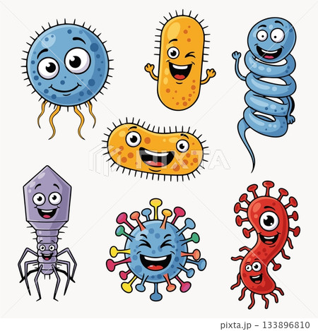 Cheerful cartoon illustrations of various microorganisms, including germs, bacteria, and viruses. 133896810