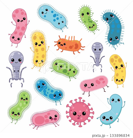 Cheerful cartoon illustrations of various microorganisms, including germs, bacteria, and viruses. 133896834