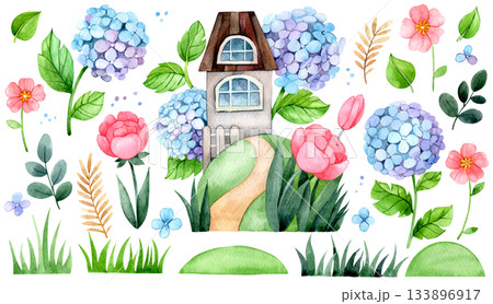 A set of watercolor illustrations with a cute house and flowers. A meadow with hydrangeas and roses. 133896917
