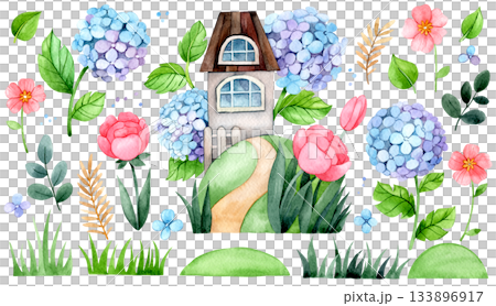A set of watercolor illustrations with a cute house and flowers. A meadow with hydrangeas and roses. A set of watercolor illustrations with a cute house and flowers. A meadow with hydrangeas and roses. 133896917