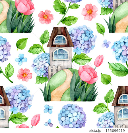 Seamless watercolor pattern. Illustration with a cute house and flowers. A meadow with hydrangeas and roses. 133896919