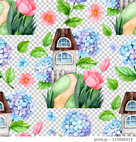 Seamless watercolor pattern. Illustration with a cute house and flowers. A meadow with hydrangeas and roses. 133896919