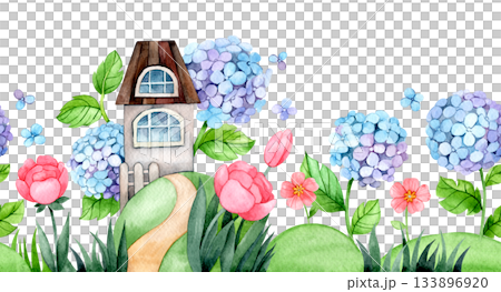 Seamless watercolor border. Illustration with a cute house and flowers. Meadow with hydrangeas and roses. Seamless watercolor border. Illustration with a cute house and flowers. Meadow with hydrangeas and roses. 133896920