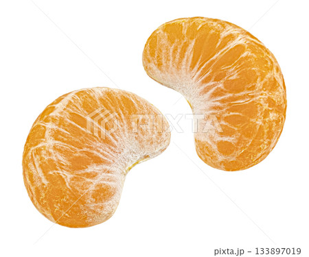 Peeled mandarin pieces isolated on white background with clipping path Peeled mandarin pieces isolated on white background with clipping path 133897019