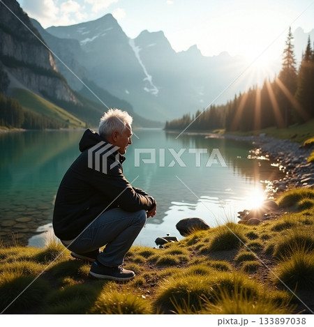 Man enjoying peaceful lake view in a mountain setting Generative AI 133897038