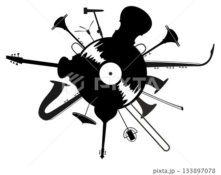 Long play record combines with musical instruments. Long play record and a lot of musical instruments. Black and white illustration 133897078