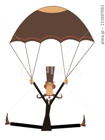 Funny skydiver man in the top hat. Skydiver man in the top hat derives enjoyment from jumping. Isolated on white background Funny skydiver man in the top hat. Skydiver man in the top hat derives enjoyment from jumping. Isolated on white background 133897081