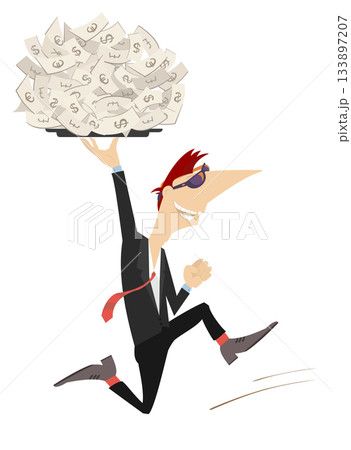 Success in business. Gambling. Lottery. Happy running man holding a tray full of money under his had Success in business. Gambling. Lottery. Happy running man holding a tray full of money under his had 133897207