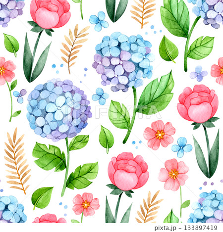 Seamless watercolor pattern. Illustration with blue hydrangeas and pink roses. Seamless watercolor pattern. Illustration with blue hydrangeas and pink roses. 133897419