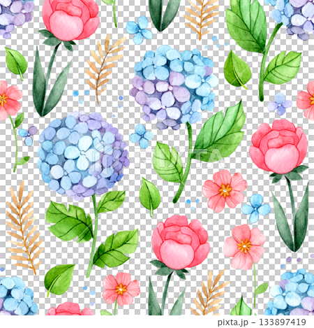 Seamless watercolor pattern. Illustration with blue hydrangeas and pink roses. 133897419