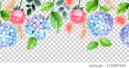 Seamless watercolor border. Illustration with blue hydrangeas and pink roses. 133897420