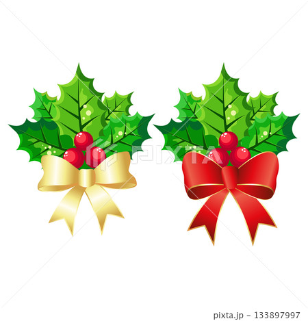 Christmas holly with green leaves and red berries. Gold and red bows. 133897997