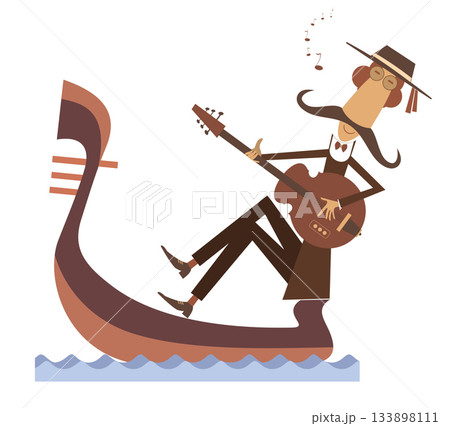 Man with guitar and gondola. Funny gondolier with long mustaches rides on gondola playing guitar and singing. Isolated on white background Man with guitar and gondola. Funny gondolier with long mustaches rides on gondola playing guitar and singing. Isolated on white background 133898111
