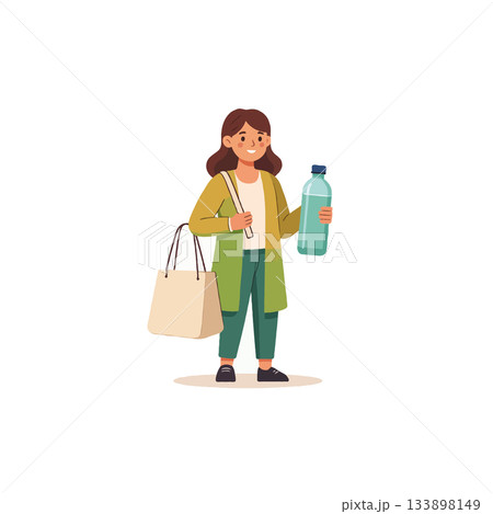 Cartoon illustration presenting a woman holding a reusable bottle and sustainable bag promoting Cartoon illustration presenting a woman holding a reusable bottle and sustainable bag promoting 133898149