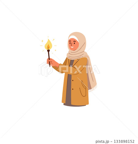A cheerful islamic girl holds a bright torch aloft in a minimalist modern illustration style A cheerful islamic girl holds a bright torch aloft in a minimalist modern illustration style 133898152