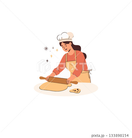 Woman in chef's attire expertly rolls dough with precision creating delectable culinary treats in 133898154
