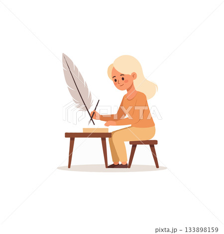 Blonde woman with a quill pen, crafting her narratives on a small wooden desk while embracing Blonde woman with a quill pen, crafting her narratives on a small wooden desk while embracing 133898159