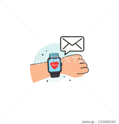 Modern wrist device illustrating notification of cardiac health report arrival for analysis Modern wrist device illustrating notification of cardiac health report arrival for analysis 133898161